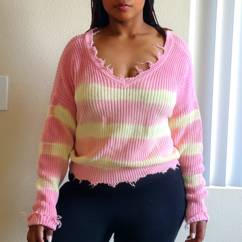 Pink and Yellow V-neck Distressed Sweater